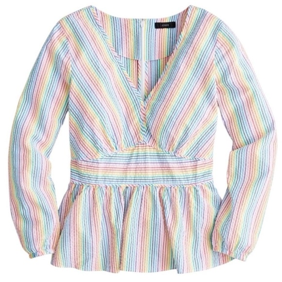 J. Crew V-neck peplum top in rainbow seersucker, size 12 used lightly - Picture 1 of 5